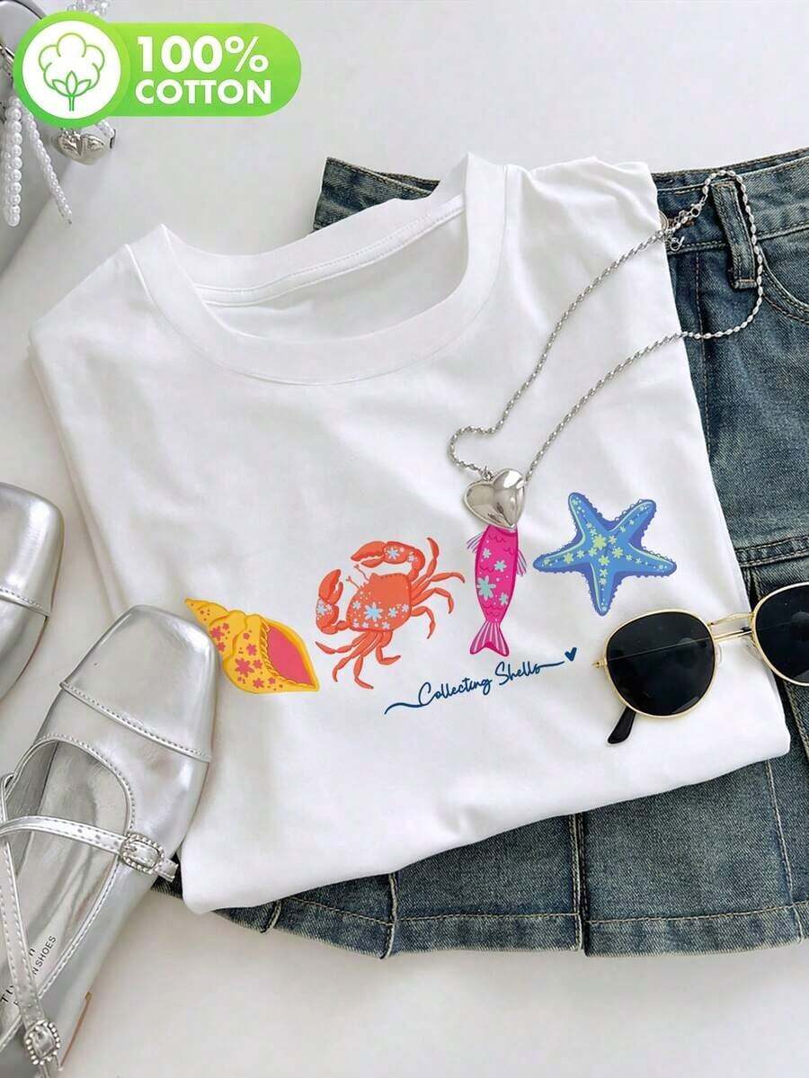 1 pieza de camiseta de algodón puro de cuello redondo y corte holgado para mujer, decorada con estampado de estrellas de mar y conchas, estilo resort de moda para el verano, tu artículo esencial diario. Camisetas refrescantes para el verano, 180g, 100% algodón suave. - Blanco - Ver 1