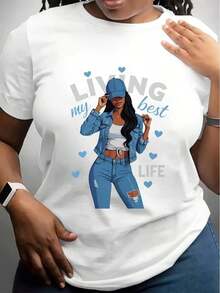 1 pieza de camiseta gráfica para mujer "Living My Best Life", estilo casual de verano, cuello redondo, manga corta, con diseño de corazones azules y denim, lavable a máquina, corte holgado, ropa casual elegante, 180g, 100% algodón, los diseños están impresos. Unisexo. - Blanco - Ver 1