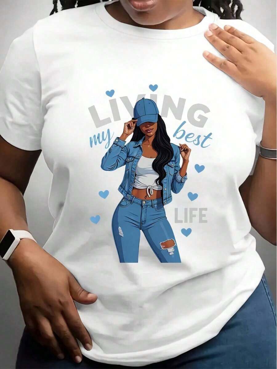 1 pieza de camiseta gráfica para mujer "Living My Best Life", estilo casual de verano, cuello redondo, manga corta, con diseño de corazones azules y denim, lavable a máquina, corte holgado, ropa casual elegante, 180g, 100% algodón, los diseños están impresos. Unisexo. - Blanco - Ver 1