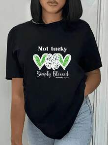 GiftWomen's Round Neck T-Shirt With Green Shamrock Print And "Not Lucky" Phrase, Simply Clothes For St. Patrick's Day, Casual Fashion For Women, Sizes S To XXL, Soft - 黑色 - 查看 3