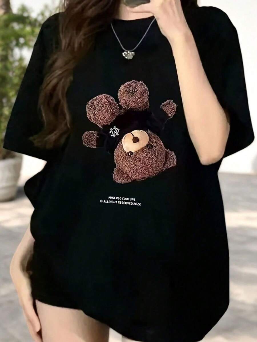 100% Cotton T-Shirt With 3D Teddy Bear Print, Black, Plus Size, Loose Fit, Short Sleeve, Urban Style, Sweet And Cool Harajuku Style, Korean Design, Cute And Popular T-Shirt, Unisex Summer Top, Casual Wear For Everyday Use - 黑色 - 查看 1