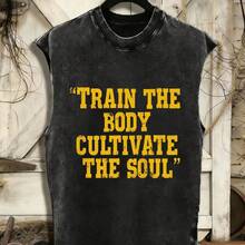 Summer Tops2026100% Cotton Sleeveless Vest 210G Washed T-Shirt 'TRAIN THE BODY CULTIVATE THE SOUL' - Vintage Distressed Fitness Tank Top For Men & Women, Breathable Summer Workout Shirt With Bold Yellow Typography, Perfect Gift For Christian Believers, Gym Enthussummer Clothes - Xám - Xem 6