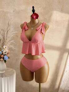 Mod Conjunto de traje de baño de 2 piezas para mujer con top corta de tirantes finos con estampado de cuadros y nudo delantero, y Bottom tipo bikini con cordón en la cintura, para verano - Rojo - Ver 3