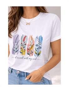Soft 100% Cotton Short-Sleeved T-Shirt For Women With Watercolor Floral Print And English Phrase, Casual Spiritual Botanical Artistic Design, Breathable Cotton T-Shirt, Goes With Everything, Great. - 白色 - 查看 2