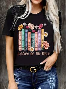 Camiseta con Estampado Bíblico para Mujer Talla Grande - Manga Corta, Cuello Redondo, Camiseta Casual con Ligera Elasticidad, Patrón Geométrico, Mezcla de Poliéster (95% Poliéster, 5% Elastano), Tejido de Punto - Prenda Versátil para Todas las Temporadas. - Negro - Ver 1