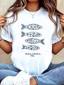 Designed For Modern, Stylish, And Comfortable Women. Plus Size T-Shirt, Sardines Of Sardinia: Travel Logo For The Artistic Public, Italian-Themed Print, White Short-Sleeved Crew Neck T-Shirt, Machine Washable, Casual Style, Comfortable Fit, Modern Design, Versatile For Everyday Wear, Soft Fabric, Stylish. Simple Wear Shirt For Women: Summer Sets. Made With Premium Soft And Breathable Fabric, Designed For All-Day Comfort And Versatile Everyday Wear, Perfect For Casual Outings. - 白色 - 查看 1