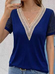 Women's Summer V-Neck Lace Patchwork Short Sleeve Blouse - Navy Blue - View 3