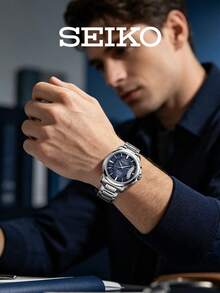 Seiko SNQ157J1 男士石英表，蓝色表盘搭配不锈钢表带，经典商务腕表，带万年历功能，男士礼品 - 銀色 - 查看 3