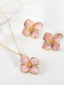 1 pièce Collier, 1 paire de Boucles d'oreilles, Ensemble de bijoux avec pendentif fleur à 4 pétales en émail coloré, design de neurotransmetteur, doux et à la mode, convient pour le port quotidien, les vacances, les fêtes et les cadeaux - costume - Voir 2