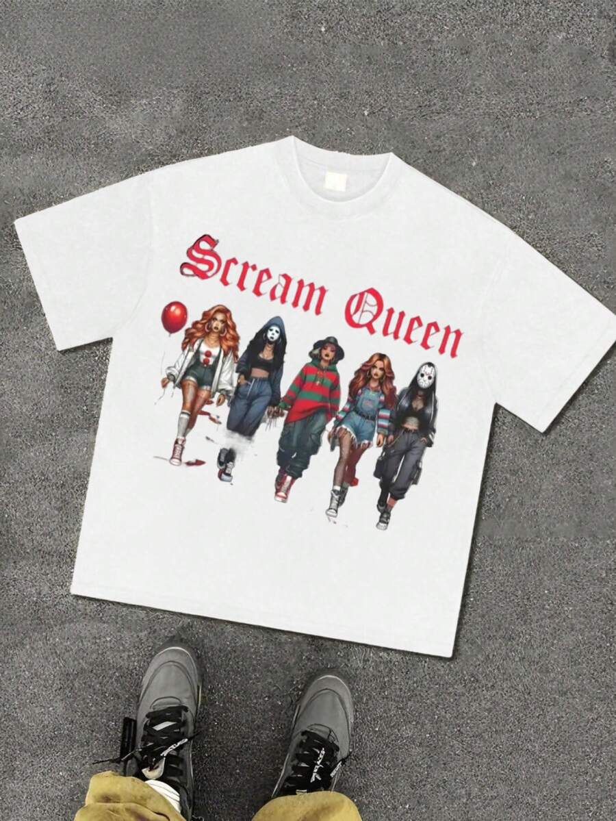 Camiseta de Mujer con Personajes de Terror de Scream Queen - Estampado Icónico para Disfraz de Fiesta de Halloween, Atuendo Casual de Otoño - Camiseta de Cuello Redondo de Corte Regular Adecuada para Fiestas de Halloween y Uso Diario, una camiseta de manga corta adecuada para el hogar, uso diario, fiestas y viajes-perfecta como regalo para amigos o familiares. - Blanco - Ver 1