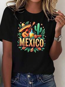Women's Mexican Carnival T-Shirt - Vibrant 100% Prints Featuring Mariachi Bands, Cacti, Sombreros And Maracas, Combined With The Eye-Catching Word "MEXICO" - A Comfortable, Casual Garment For All Four Seasons, Suitable For Mexican-Themed Parties And Everyday Wear - Machine-Washable Festive Clothing With Maraca, Sombrero And Cactus Designs - Relaxed Fit, Crew Neck, Short Sleeves. - 黑色 - 查看 1