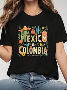 Women's Short-Sleeved, Round-Neck T-Shirt For Spring-Summer, Featuring Cactus, Flower, And Other Prints With Texts From MEXICO And COLOMBIA, Urban Casual Style, Ideal As A Holiday Gift, Showcasing A Blend Of Mexican And Colombian Culture. - 黑色 - 查看 1