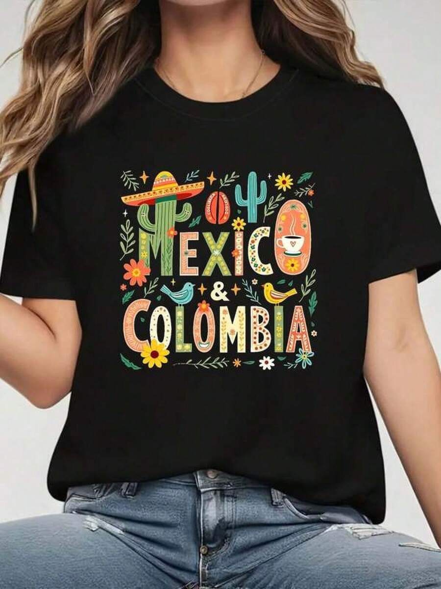 Women's Short-Sleeved, Round-Neck T-Shirt For Spring-Summer, Featuring Cactus, Flower, And Other Prints With Texts From MEXICO And COLOMBIA, Urban Casual Style, Ideal As A Holiday Gift, Showcasing A Blend Of Mexican And Colombian Culture. - 黑色 - 查看 1