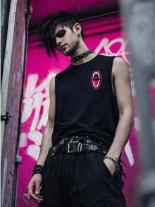 Camiseta de tirantes con estampado de calavera gótico punk para hombres, estilo callejero con ajuste muscular - Negro - Ver 5