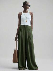 Pantalones de pierna ancha para mujer 2026SS, pantalones casuales y sueltos con cintura plisada, adecuados para estilo bohemio, Ibiza, vacaciones, festivales, invitados de boda, oficina, maestros, vuelta al colegio, con bolsillos, ajuste relajado, elegante estilo urbano chic, pantalones versátiles para primavera/verano - Verde militar - Ver 7