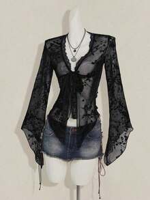 ICON Cárdigan transparente con mangas acampanadas y bajo asimétrico con estampado vintage para mujeres - Niebla azul - Ver 6