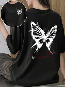 Nueva llegada 2026: Camiseta de manga corta con estampado de mariposas para mujer, camiseta casual con hombros caídos y diseño gráfico lindo, adecuada para uso diario, salidas de moda, para todas las estaciones. - Negro - Ver 6