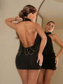 ICON Vestido mini ajustado con cuello alto, espalda descubierta y volantes - Negro 3 - Ver 1