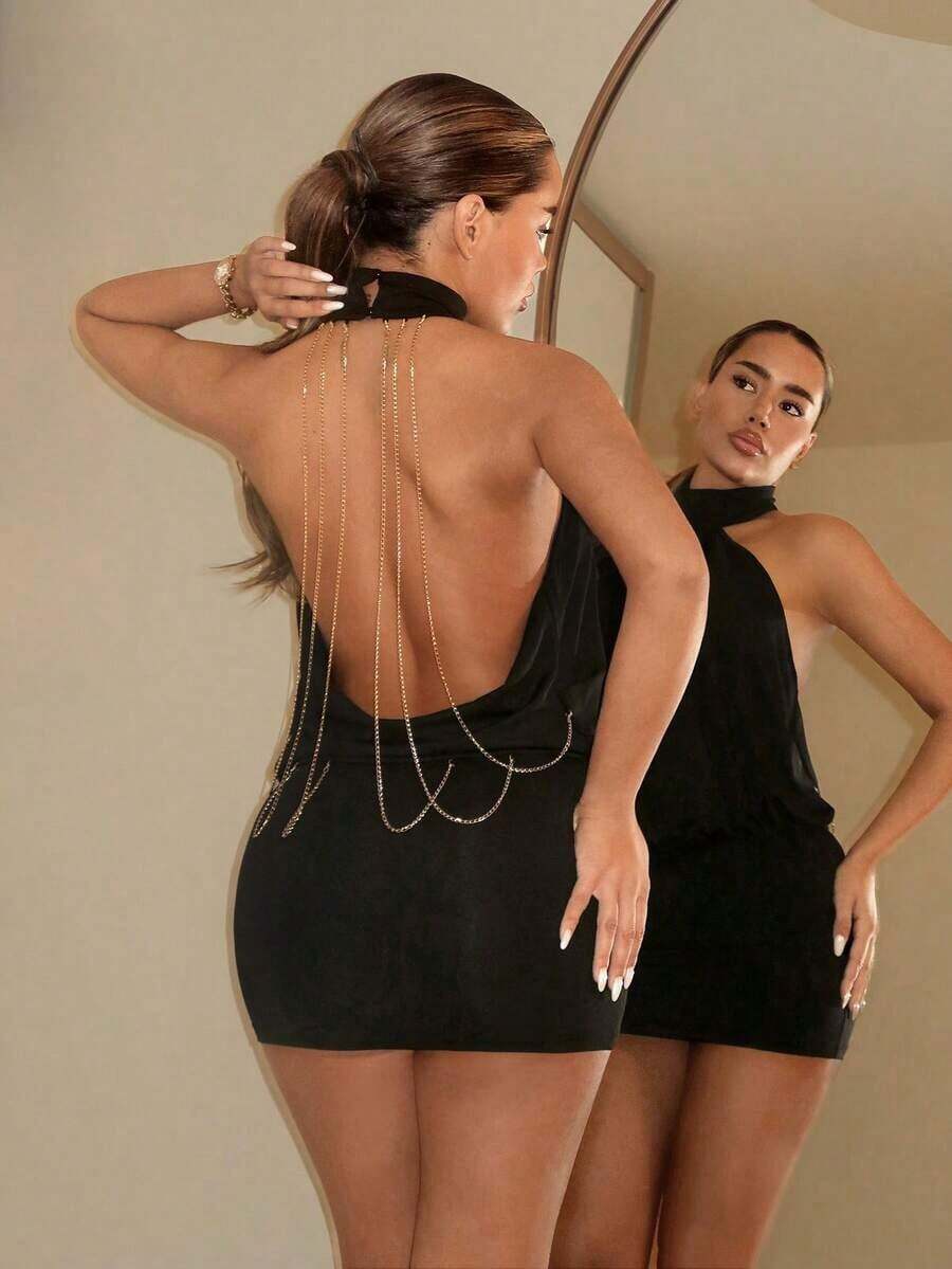 ICON Vestido mini ajustado con cuello alto, espalda descubierta y volantes - Negro 3 - Ver 1