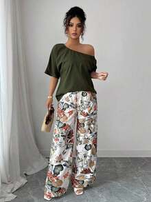 2 piezas Conjunto de top asimétrico de cuello sólido y pantalones con estampado tropical, estilo casual de vacaciones - Verde militar - Ver 5