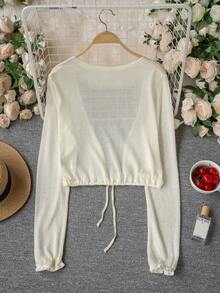 Áo khoác cardigan dài tay màu trắng mới mùa hè, kiểu dáng gợi cảm, thắt dây eo, chống nắng, chất liệu dệt kim, thanh lịch, nữ tính, đa năng, phù hợp đi làm, đi biển, dự tiệc, hẹn hò, đám cưới, đi học. - Màu be - Xem 6
