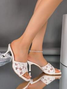 European And American Style Ivory Lace Embroidered Square Toe Stiletto Heel Sandals, Mesh Breathable Open Toe Mule High Heels, Elegant Heels Suitable For Workplace, Dates, Parties, And Formal Events - White - View 4