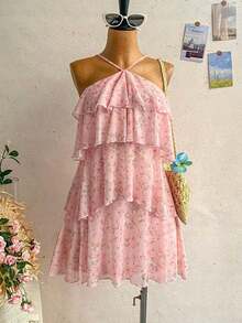 Nuevo vestido elegante y romántico para invitados de boda, de unicolor, con espalda descubierta, multicapa con volantes de gasa, minivestido, adecuado para estilo bohemio, boho, flores románticas, vacaciones, fiestas florales, citas, San Valentín, - Multicolor - Ver 1
