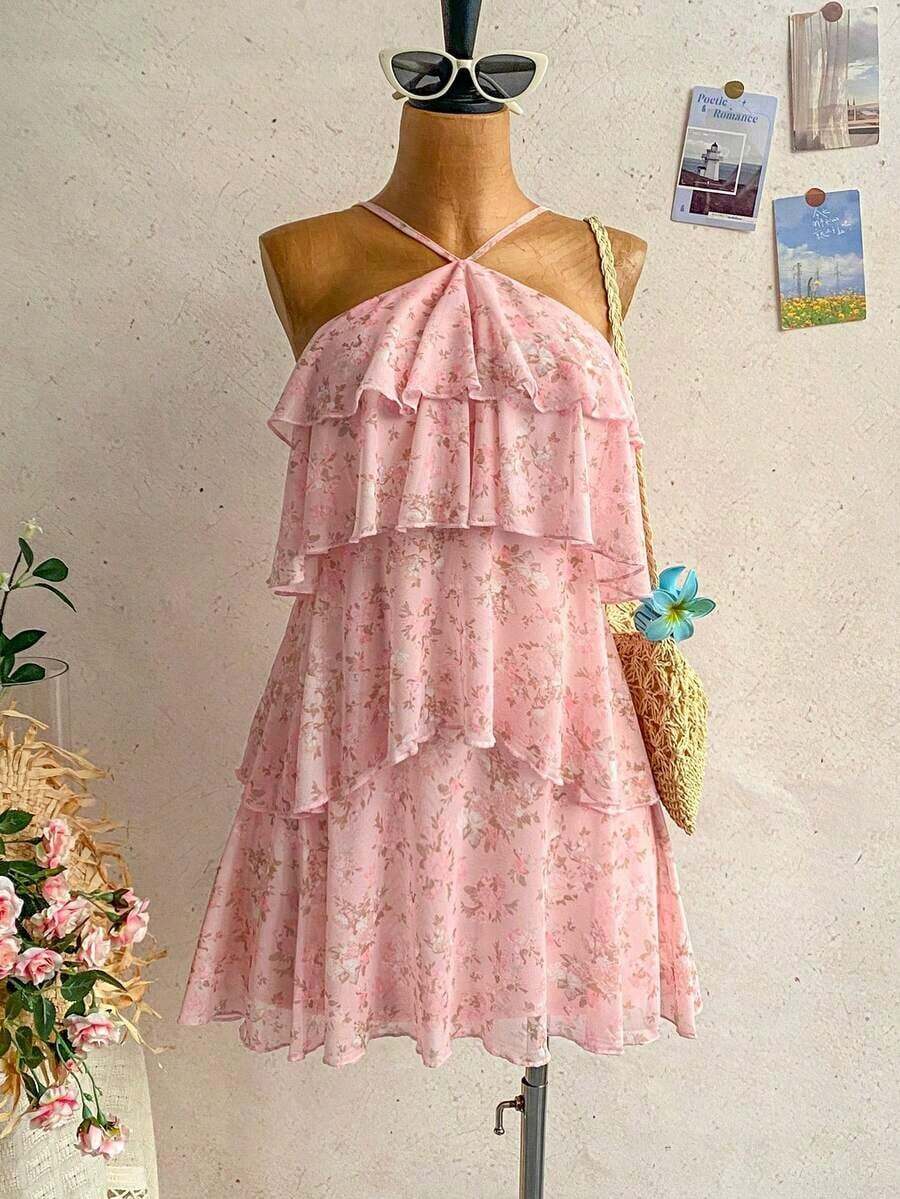 Nuevo vestido elegante y romántico para invitados de boda, de unicolor, con espalda descubierta, multicapa con volantes de gasa, minivestido, adecuado para estilo bohemio, boho, flores románticas, vacaciones, fiestas florales, citas, San Valentín, - Multicolor - Ver 1