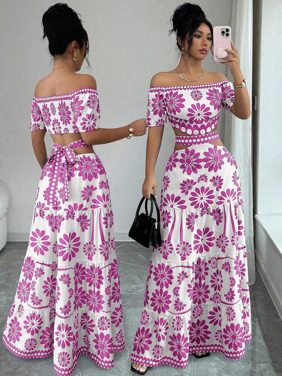 de moda con estampado floral, hombros descubiertos, manga corta y cintura hueca - Morado - Ver 1