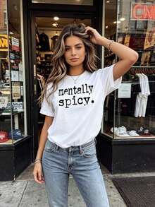 1 camiseta "Mentally Spicy", camisetas sobre salud mental, camiseta "La salud mental importa", camisetas inspiradoras para mujeres, camiseta para la ansiedad, camisetas deportivas para mujeres, camiseta estampada de cuello redondo con diseño gráfico. Conjuntos de Verano para Mujer, Ropa de Vacaciones para Mujer, Elegantes 180g 100% Algodón - Blanco - Ver 6