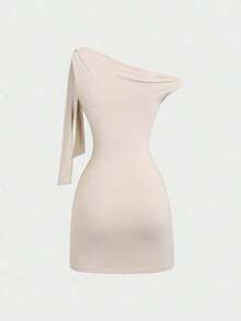 Sweetro Vestido ajustado sexy con volantes en el hombro oblicuo, que ciñe la cintura, estilo francés chic, minifalda ajustado - Caqui - Ver 2