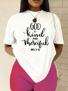 Inspirational T-Shirt For Women With The Phrase "God Is Kind And Merciful" - Bible Verse Design (Joel 2:13) - Casual Short-Sleeved Crew Neck T-Shirt, 180 G/M² - Suitable For All Seasons, Ideal For Church, Casual Wear And New Year's Gifts - White With Black Lettering. - 白色 - 查看 7