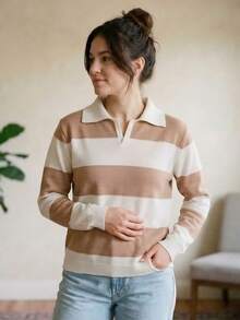 Women's Ribbed Knit Polo Shirt With Striped Neckline, Long Sleeves, V-Neck, Casual Autumn Knit - 瑪薩拉紅/嬰兒粉 - 查看 4
