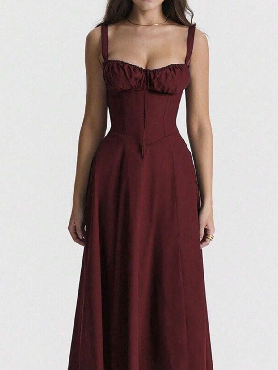 French-Style Long Strapless Dress With Soft Flowers - Burgundy - View 1