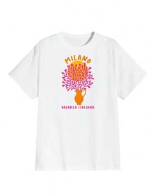 Una camiseta de manga corta para mujer con estilo retro americano, de corte holgado y con diseño estampado (los pantalones son solo para sugerencias de estilo). Esta pieza sencilla y elegante presenta un patrón de letras impresas con temática tropical, lo que la convierte en un elemento imprescindible para crear un look relajado de vacaciones, perfecto para ocasiones como el Día del Trabajo y el Día de la Independencia de México. - Blanco - Ver 2