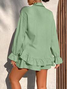 AIJ Amarilo Women Summer Vacation Solid Color Fabric Ruffle Trim Top + Camisole + Shorts 3-Piece Set, Minimalist Daily Outfit Spring Elegant - Pale Green - View 2