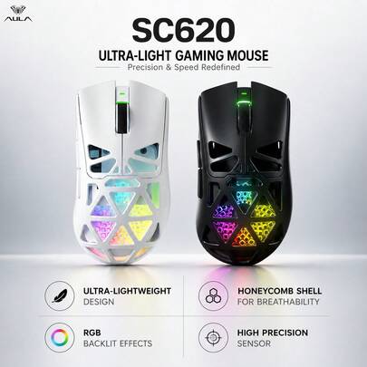 AULA SC620 Ultra-leichte Waben Gaming Maus, 2.4G Wireless, Bluetooth, kabellos aufladbar, RGB Hintergrundbeleuchtung, 12000 DPI PAW3311 ergonomische programmierbare Tasten, geeignet für PC, Laptop, Desktop, Gamer und Büronutzung