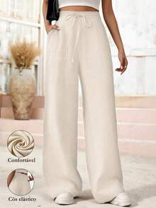 Women's Linen Palazzo Pants, Adjustable Waist With Drawstring, Side Pockets, Casual And Breathable For Vacations - 杏色 - 查看 1