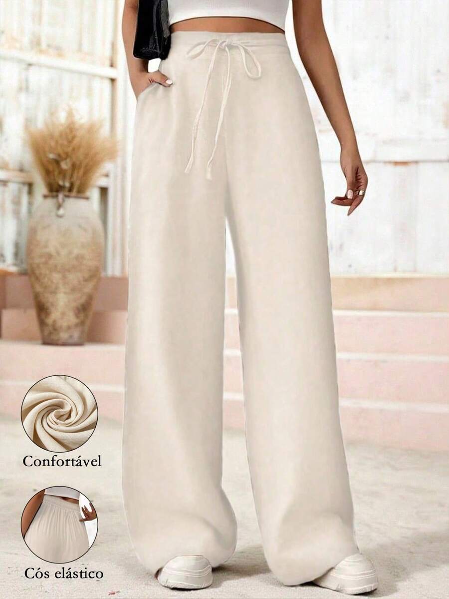 Women's Linen Palazzo Pants, Adjustable Waist With Drawstring, Side Pockets, Casual And Breathable For Vacations - 杏色 - 查看 1