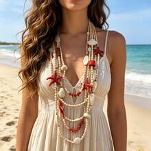 1 chiếc vòng cổ dài nhiều lớp đính hạt hình sao biển và vỏ sò giả bằng acrylic theo phong cách Bohemian Ocean Holiday, thích hợp cho phụ nữ đi nghỉ mát ở bãi biển, chụp ảnh, hoặc phối đồ. - Dây chuyền hình sao biển dài X-1672 - Xem 11
