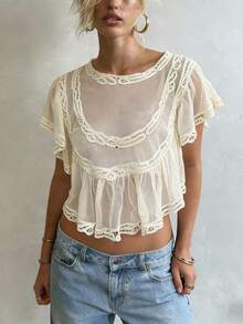 Womens Boho Sheer Mesh Lace Blouse Y2K Chiffon Ruffle Sleeve See Through Babydoll Cropped Shirt Top Summer Beach Vacation Cover Up Going Out Tops Streetwear - 白色 - 查看 7
