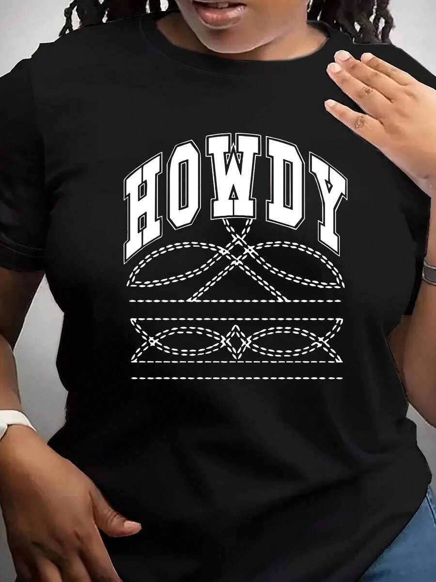 1pc Women'S Plus Size Casual T-Shirt with Cartoon HOWDY Dashed Design, Polyester Knit Fabric, Round Neck, Stretchy, All-Season Tee