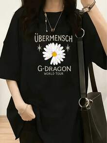 Nueva camiseta casual de mujer, moderna y a la moda, con diseños de los conciertos de la gira mundial de ÜBERMENSCH y G-DRAGON - estampado floral vintage, margaritas blancas con centros amarillos, adornada con detalles de estrellas, camiseta de manga corta de corte holgado, adecuada para primavera y verano, camiseta estampada casual, cómoda y holgada - camiseta unisex de manga corta, cuello redondo, de algodón puro, estilo vintage urbano y corte holgado. - Negro - Ver 8