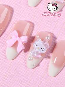 SANRIO Bộ 24 miếng dán móng tay kiểu Pháp màu trắng ombre phong cách Y2K với hình Hello Kitty dễ thương, ngọc trai và nơ hồng, kiểu dáng nữ tính màu hồng, phù hợp với bộ móng acrylic, bao gồm 1 chai keo và 1 dũa móng, thích hợp cho phụ nữ sử dụng hàng ngày và dự tiệc. - Nhiều màu - Xem 3