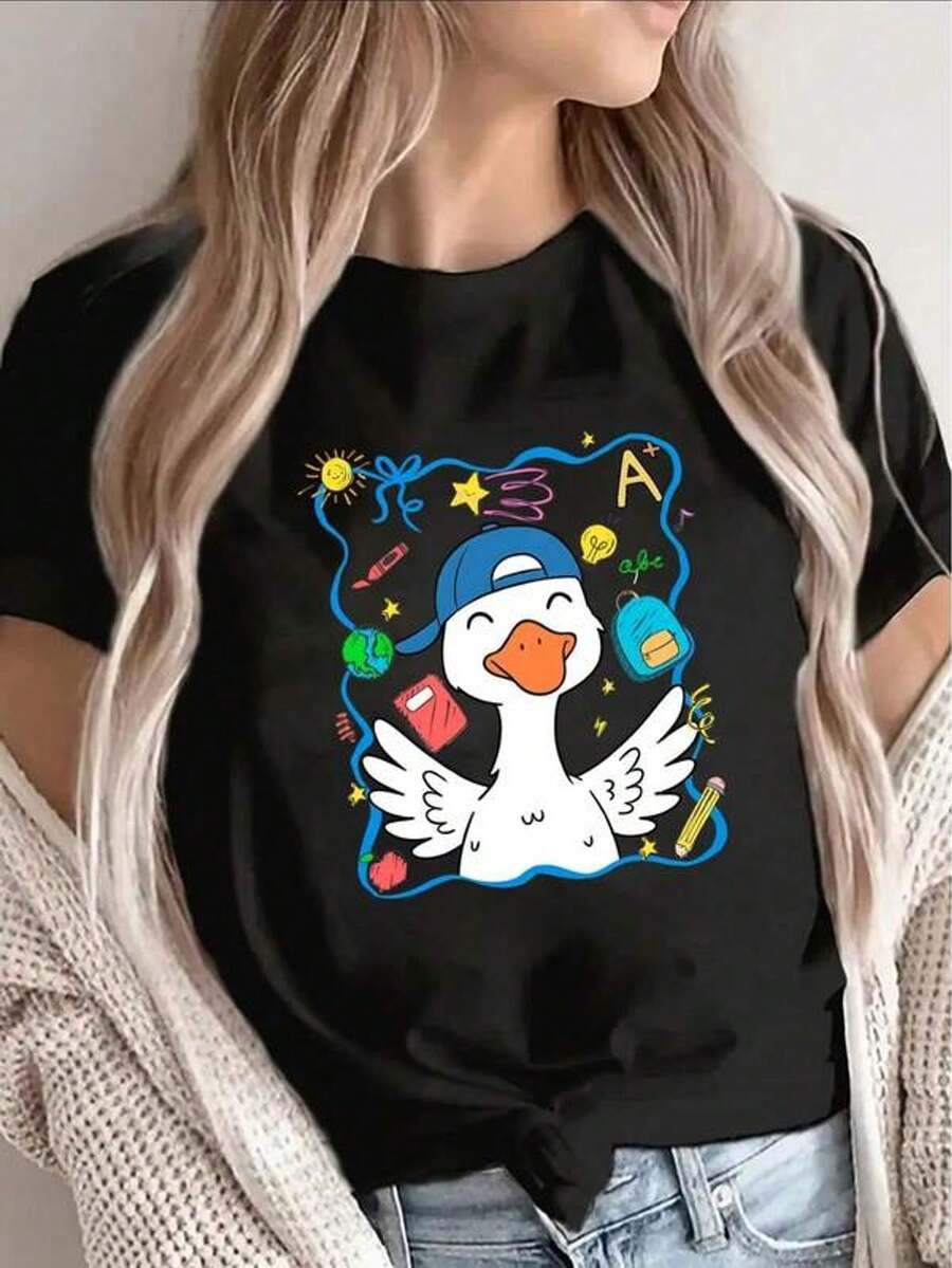 Camiseta gráfica para mujer con manga corta que presenta un divertido diseño de pato y un diseño brillante, lo que la hace perfecta para el uso casual diario. Con un fondo negro, esta camiseta de moda es ideal para los fanáticos del arte único. 100% algodón