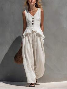 Conjunto de lino nuevo para primavera-verano, estilo casual y de oficina, chaleco de botonadura delantera y cuello V, diseño favorecedor, perfecto para looks de día y transición estacional - Blanco - Ver 6