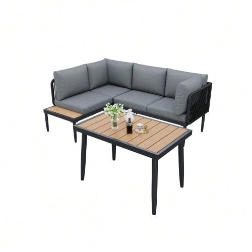Conjunto de jantar para jardim, conjunto de móveis de jardim, sofá de canto + mesa de jantar, módulo de canto, tubos de aço galvanizado, tampo de mesa em plástico/madeira, cinza - Cinza - Ver 1