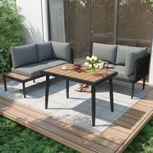 Conjunto de jantar para jardim, conjunto de móveis de jardim, sofá de canto + mesa de jantar, módulo de canto, tubos de aço galvanizado, tampo de mesa em plástico/madeira, cinza - Cinza - Ver 4