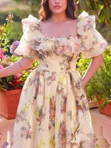 Faeriesty Đầm dạ hội cỡ lớn tay bồng xếp ly họa tiết hoa bằng vải lưới - Màu be - Xem 5