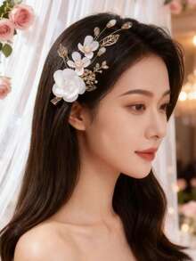 1 chiếc kẹp tóc cô dâu bằng vải voan kiểu Âu và Mỹ, phụ kiện đội đầu lãng mạn, kiểu Hàn Quốc ngọt ngào, thanh lịch, thời trang cô dâu, kẹp tóc 3D bằng vải organza bên hông. - 89379 Trắng - Xem 2